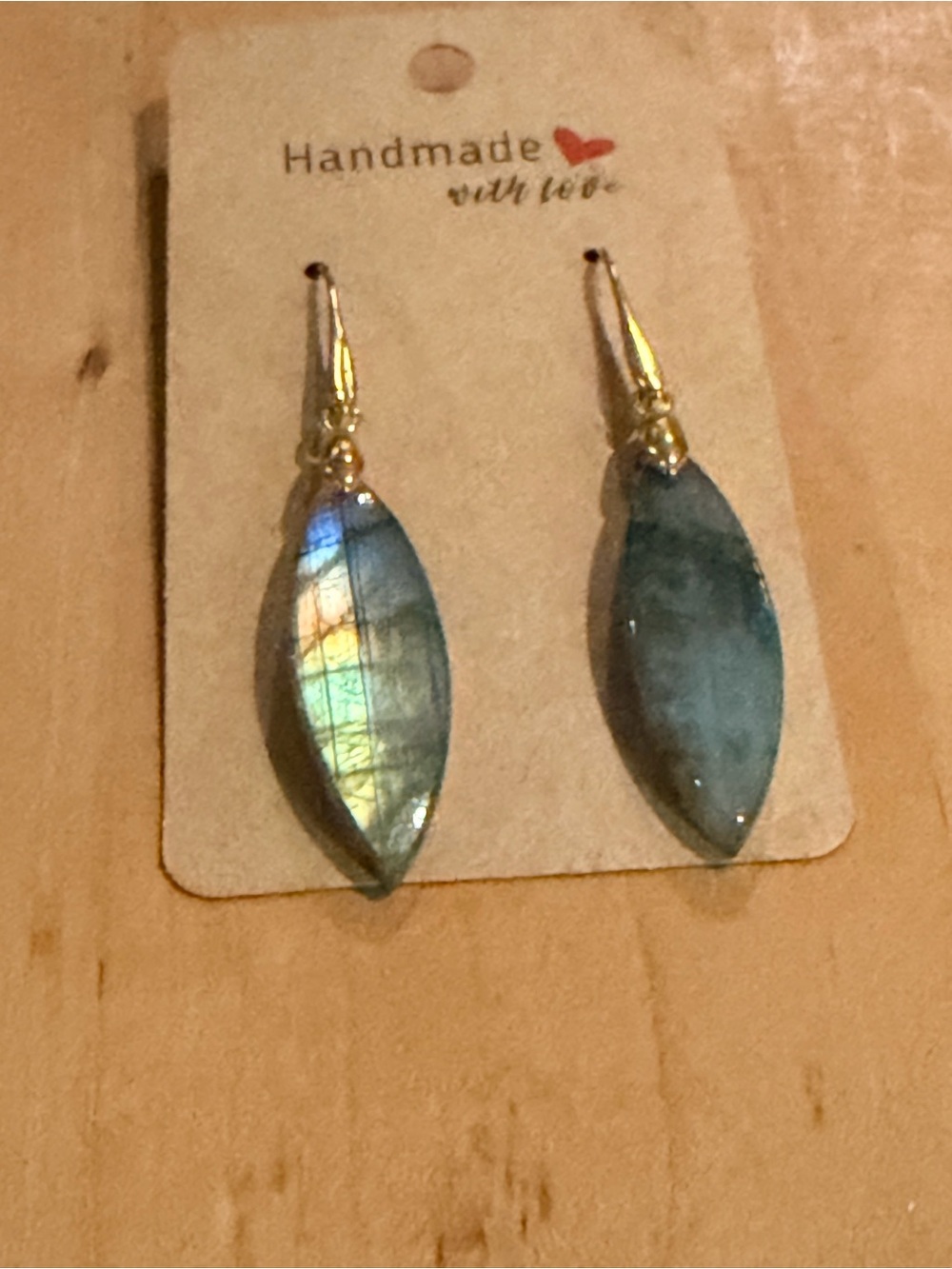 Beautiful Gold, Blue, Green Labradorite Drop Earrings on 14K Gold Plated Hooks